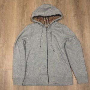 Burberry Gray Zip-Up Hoodie with Classic Check Lining